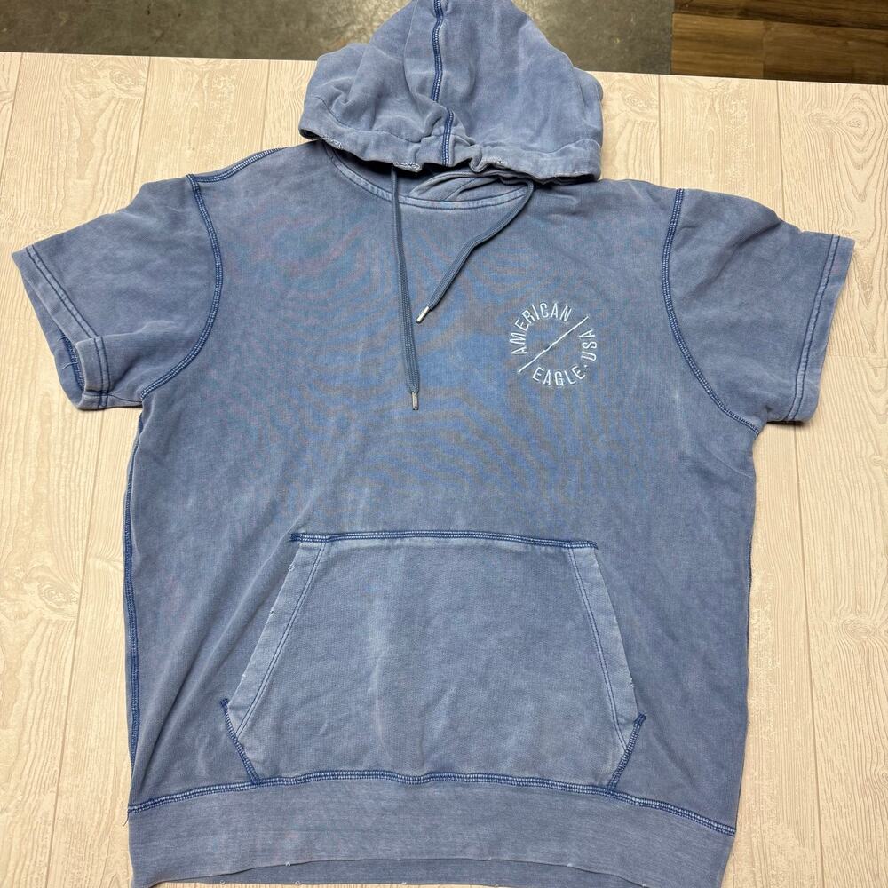 American Eagle Outfitters Mens Medium Blue Short Sleeve Hoodie Pullover
